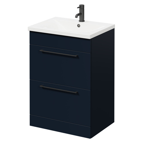 Napoli Deep Blue 600mm Floor Standing Vanity Unit with 1 Tap Hole Basin and 2 Drawers with Matt Black Handles Right Hand View