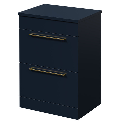Napoli Deep Blue 600mm Floor Standing Vanity Unit for Countertop Basins with 2 Drawers and Brushed Brass Handles Right Hand View