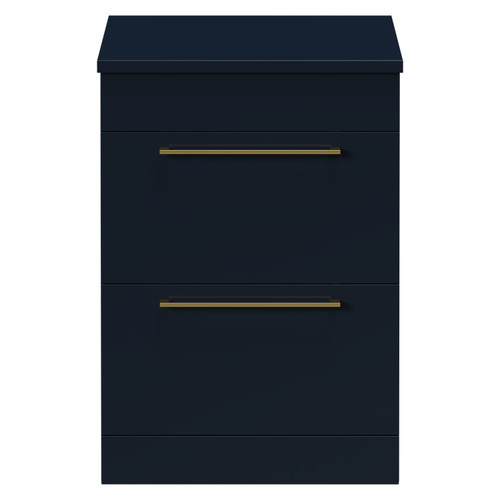 Napoli Deep Blue 600mm Floor Standing Vanity Unit for Countertop Basins with 2 Drawers and Brushed Brass Handles Front View