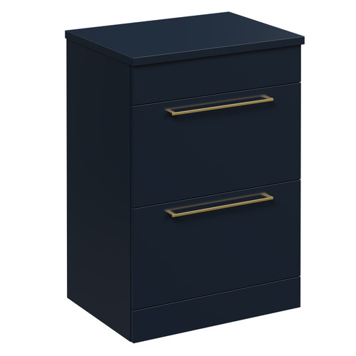Napoli Deep Blue 600mm Floor Standing Vanity Unit for Countertop Basins with 2 Drawers and Brushed Brass Handles Left Hand View