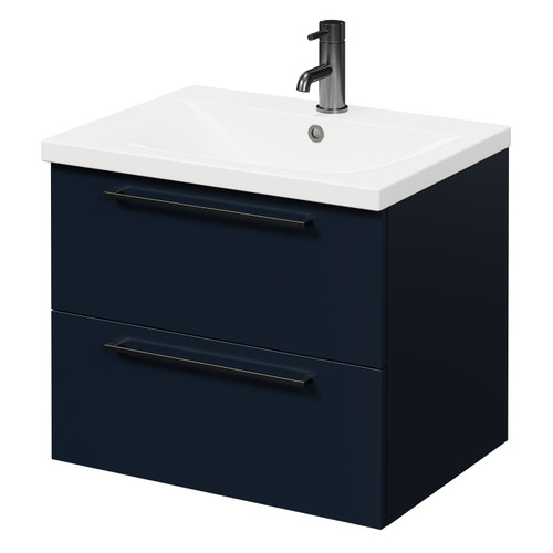 Napoli Deep Blue 600mm Wall Mounted Vanity Unit with 1 Tap Hole Basin and 2 Drawers with Gunmetal Grey Handles Right Hand View