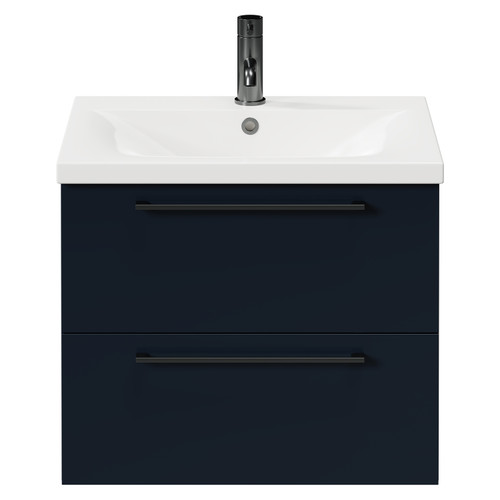 Napoli Deep Blue 600mm Wall Mounted Vanity Unit with 1 Tap Hole Basin and 2 Drawers with Gunmetal Grey Handles Front View