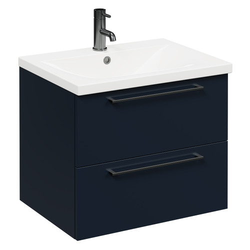 Napoli Deep Blue 600mm Wall Mounted Vanity Unit with 1 Tap Hole Basin and 2 Drawers with Gunmetal Grey Handles Left Hand View