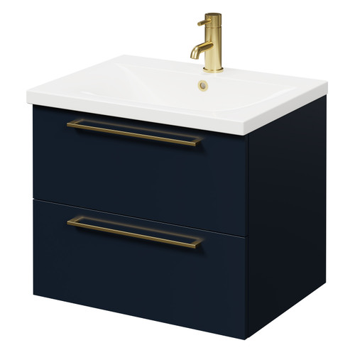 Napoli Deep Blue 600mm Wall Mounted Vanity Unit with 1 Tap Hole Basin and 2 Drawers with Brushed Brass Handles Right Hand View