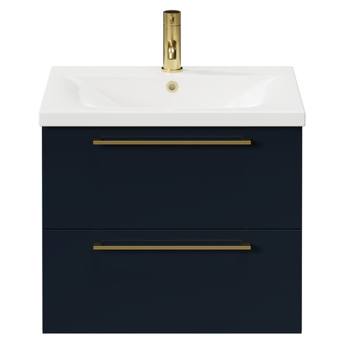 Napoli Deep Blue 600mm Wall Mounted Vanity Unit with 1 Tap Hole Basin and 2 Drawers with Brushed Brass Handles Front View