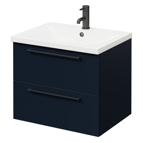 Napoli Deep Blue 600mm Wall Mounted Vanity Unit with 1 Tap Hole Basin and 2 Drawers with Matt Black Handles Right Hand View