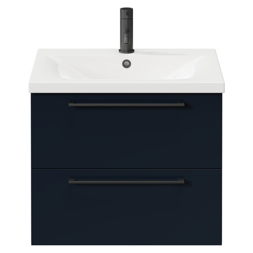 Napoli Deep Blue 600mm Wall Mounted Vanity Unit with 1 Tap Hole Basin and 2 Drawers with Matt Black Handles Front View