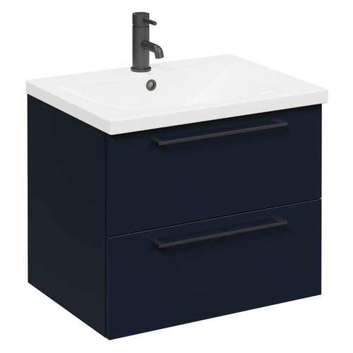 Napoli Deep Blue 600mm Wall Mounted Vanity Unit with 1 Tap Hole Basin and 2 Drawers with Matt Black Handles Left Hand View