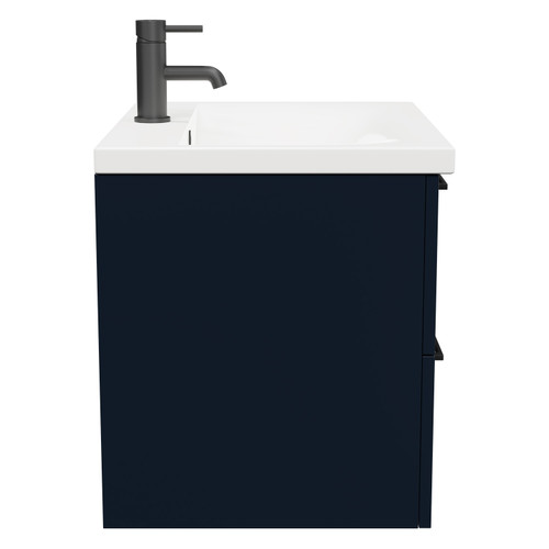 Napoli Deep Blue 600mm Wall Mounted Vanity Unit with 1 Tap Hole Basin and 2 Drawers with Matt Black Handles Side View