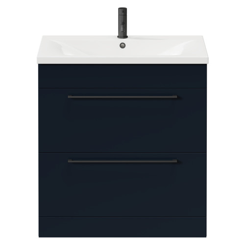 Napoli Deep Blue 800mm Floor Standing Vanity Unit with 1 Tap Hole Basin and 2 Drawers with Matt Black Handles Front View