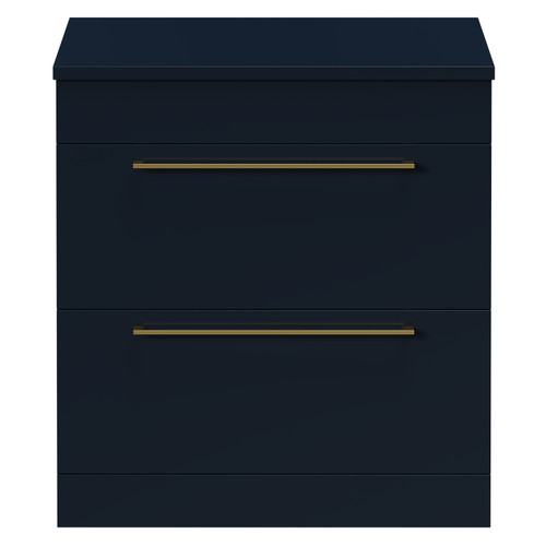 Napoli Deep Blue 800mm Floor Standing Vanity Unit for Countertop Basins with 2 Drawers and Brushed Brass Handles Front View