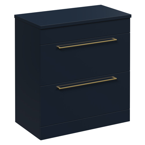 Napoli Deep Blue 800mm Floor Standing Vanity Unit for Countertop Basins with 2 Drawers and Brushed Brass Handles Left Hand View