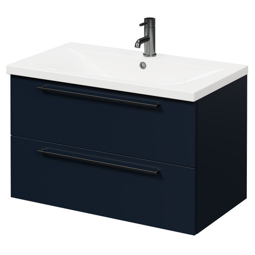 Napoli Deep Blue 800mm Wall Mounted Vanity Unit with 1 Tap Hole Basin and 2 Drawers with Gunmetal Grey Handles Right Hand View