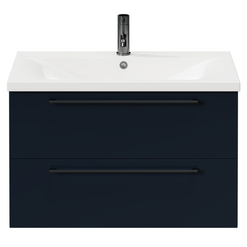 Napoli Deep Blue 800mm Wall Mounted Vanity Unit with 1 Tap Hole Basin and 2 Drawers with Gunmetal Grey Handles Front View