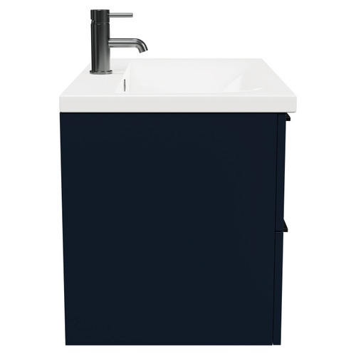 Napoli Deep Blue 800mm Wall Mounted Vanity Unit with 1 Tap Hole Basin and 2 Drawers with Gunmetal Grey Handles Side View