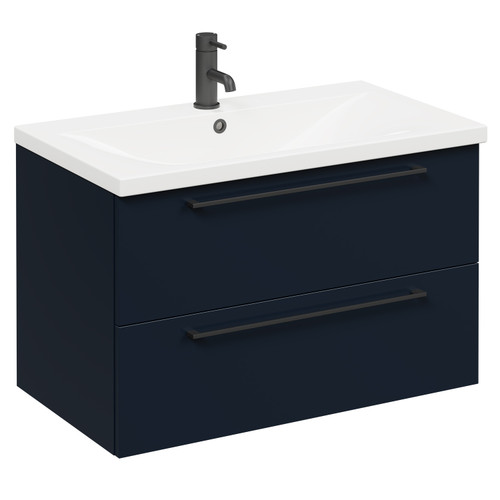 Napoli Deep Blue 800mm Wall Mounted Vanity Unit with 1 Tap Hole Basin and 2 Drawers with Matt Black Handles Left Hand View