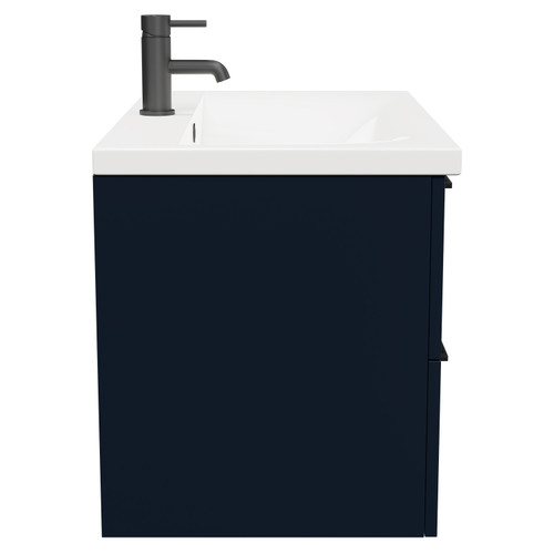Napoli Deep Blue 800mm Wall Mounted Vanity Unit with 1 Tap Hole Basin and 2 Drawers with Matt Black Handles Side View