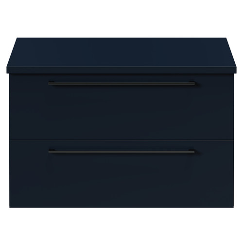 Napoli Deep Blue 800mm Wall Mounted Vanity Unit for Countertop Basins with 2 Drawers and Gunmetal Grey Handles Front View
