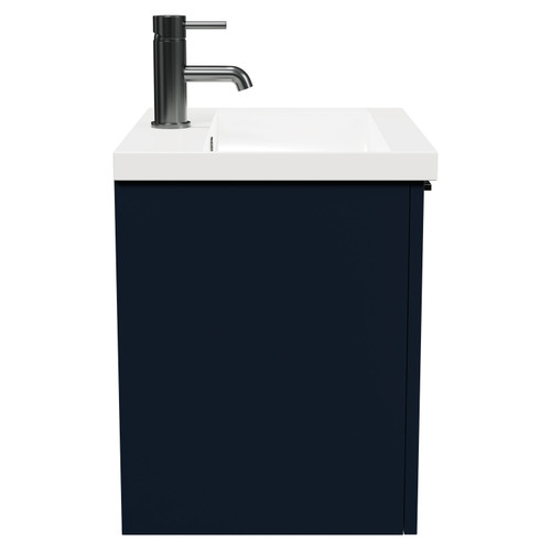 Napoli Deep Blue 500mm Wall Mounted Vanity Unit with 1 Tap Hole Basin and Single Drawer with Gunmetal Grey Handle Side View