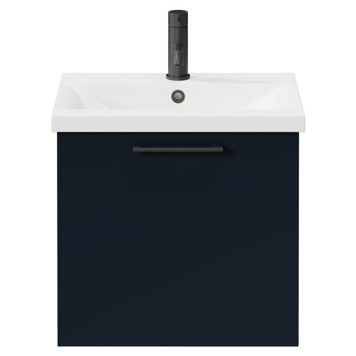 Napoli Deep Blue 500mm Wall Mounted Vanity Unit with 1 Tap Hole Basin and Single Drawer with Matt Black Handle Front View