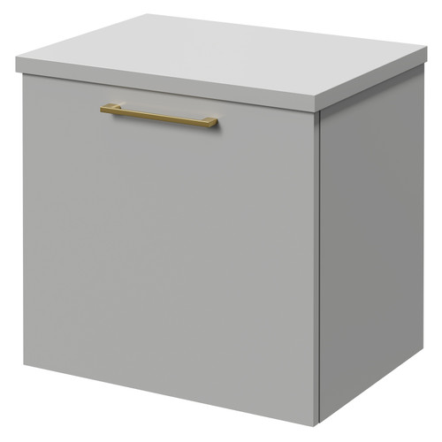 Napoli Gloss Grey Pearl 500mm Wall Mounted Vanity Unit for Countertop Basins with Single Drawer and Brushed Brass Handle Right Hand View