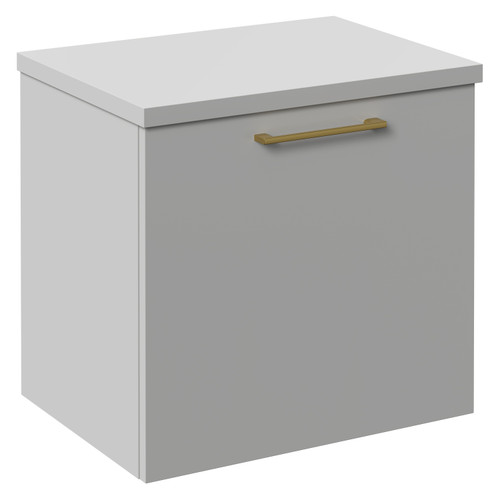 Napoli Gloss Grey Pearl 500mm Wall Mounted Vanity Unit for Countertop Basins with Single Drawer and Brushed Brass Handle Left Hand View