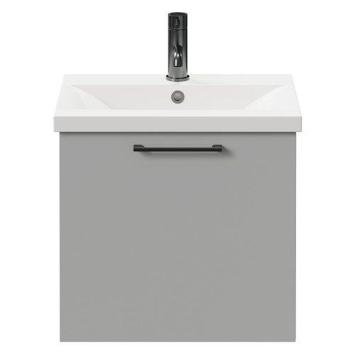 Napoli Gloss Grey Pearl 500mm Wall Mounted Vanity Unit with 1 Tap Hole Basin and Single Drawer with Gunmetal Grey Handle Front View