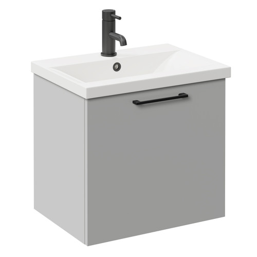 Napoli Gloss Grey Pearl 500mm Wall Mounted Vanity Unit with 1 Tap Hole Basin and Single Drawer with Matt Black Handle Left Hand View