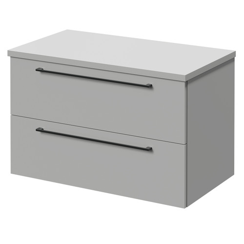 Napoli Gloss Grey Pearl 800mm Wall Mounted Vanity Unit for Countertop Basins with 2 Drawers and Gunmetal Grey Handles Right Hand View