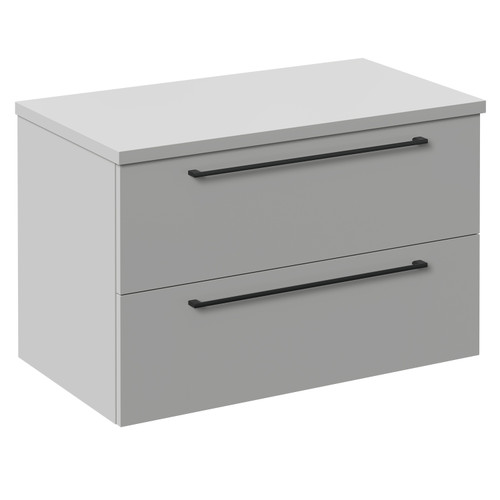 Napoli Gloss Grey Pearl 800mm Wall Mounted Vanity Unit for Countertop Basins with 2 Drawers and Gunmetal Grey Handles Left Hand View