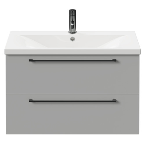 Napoli Gloss Grey Pearl 800mm Wall Mounted Vanity Unit with 1 Tap Hole Basin and 2 Drawers with Gunmetal Grey Handles Front View