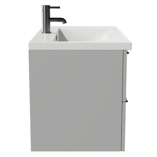 Napoli Gloss Grey Pearl 800mm Wall Mounted Vanity Unit with 1 Tap Hole Basin and 2 Drawers with Gunmetal Grey Handles Side View