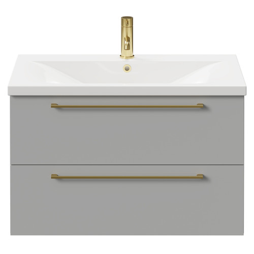 Napoli Gloss Grey Pearl 800mm Wall Mounted Vanity Unit with 1 Tap Hole Basin and 2 Drawers with Brushed Brass Handles Front View