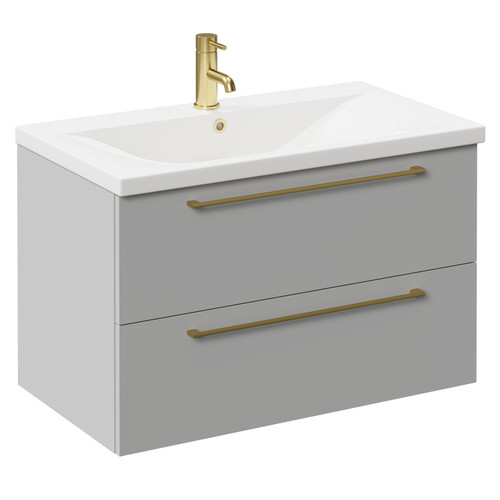 Napoli Gloss Grey Pearl 800mm Wall Mounted Vanity Unit with 1 Tap Hole Basin and 2 Drawers with Brushed Brass Handles Left Hand View
