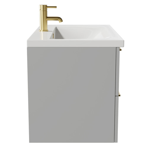 Napoli Gloss Grey Pearl 800mm Wall Mounted Vanity Unit with 1 Tap Hole Basin and 2 Drawers with Brushed Brass Handles Side View