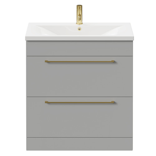 Napoli Gloss Grey Pearl 800mm Floor Standing Vanity Unit with 1 Tap Hole Basin and 2 Drawers with Brushed Brass Handles Front View