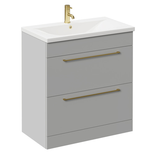 Napoli Gloss Grey Pearl 800mm Floor Standing Vanity Unit with 1 Tap Hole Basin and 2 Drawers with Brushed Brass Handles Left Hand View