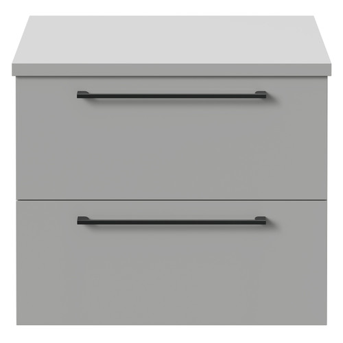 Napoli Gloss Grey Pearl 600mm Wall Mounted Vanity Unit for Countertop Basins with 2 Drawers and Gunmetal Grey Handles Front View