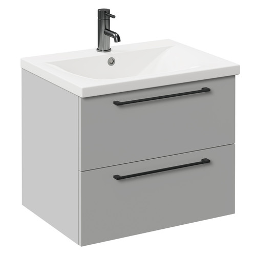 Napoli Gloss Grey Pearl 600mm Wall Mounted Vanity Unit with 1 Tap Hole Basin and 2 Drawers with Gunmetal Grey Handles Left Hand View