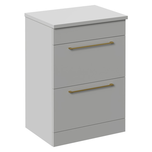 Napoli Gloss Grey Pearl 600mm Floor Standing Vanity Unit for Countertop Basins with 2 Drawers and Brushed Brass Handles Left Hand View