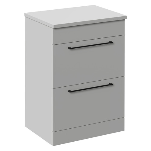 Napoli Gloss Grey Pearl 600mm Floor Standing Vanity Unit for Countertop Basins with 2 Drawers and Matt Black Handles Left Hand View