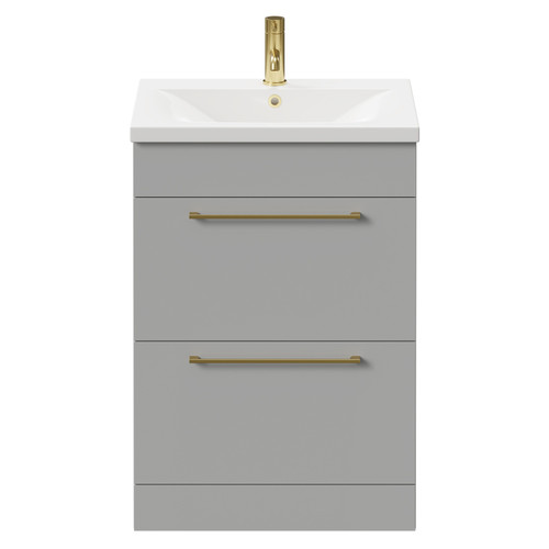 Napoli Gloss Grey Pearl 600mm Floor Standing Vanity Unit with 1 Tap Hole Basin and 2 Drawers with Brushed Brass Handles Front View