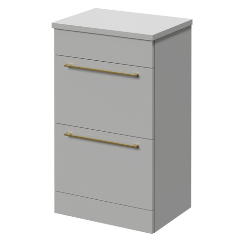Napoli Gloss Grey Pearl 500mm Floor Standing Vanity Unit for Countertop Basins with 2 Drawers and Brushed Brass Handles Right Hand View