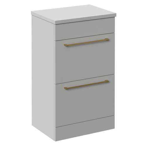 Napoli Gloss Grey Pearl 500mm Floor Standing Vanity Unit for Countertop Basins with 2 Drawers and Brushed Brass Handles Left Hand View