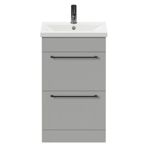 Napoli Gloss Grey Pearl 500mm Floor Standing Vanity Unit with 1 Tap Hole Basin and 2 Drawers with Gunmetal Grey Handles Front View