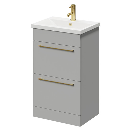 Napoli Gloss Grey Pearl 500mm Floor Standing Vanity Unit with 1 Tap Hole Basin and 2 Drawers with Brushed Brass Handles Right Hand View