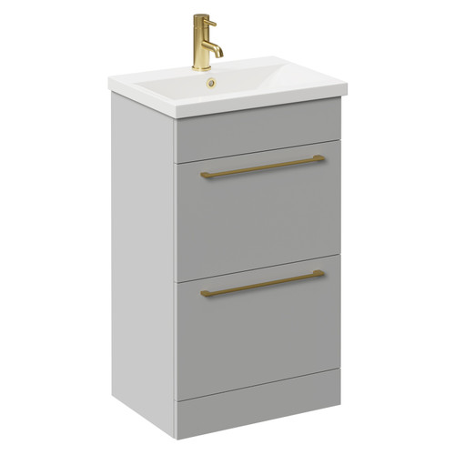 Napoli Gloss Grey Pearl 500mm Floor Standing Vanity Unit with 1 Tap Hole Basin and 2 Drawers with Brushed Brass Handles Left Hand View