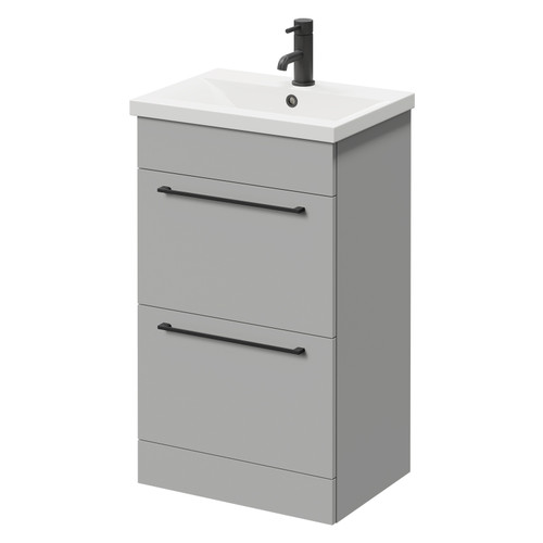 Napoli Gloss Grey Pearl 500mm Floor Standing Vanity Unit with 1 Tap Hole Basin and 2 Drawers with Matt Black Handles Right Hand View