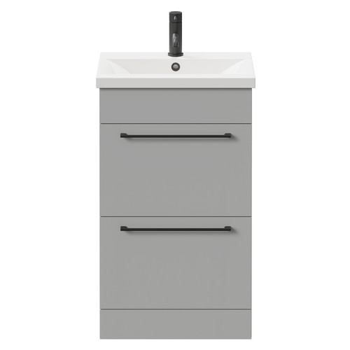 Napoli Gloss Grey Pearl 500mm Floor Standing Vanity Unit with 1 Tap Hole Basin and 2 Drawers with Matt Black Handles Front View