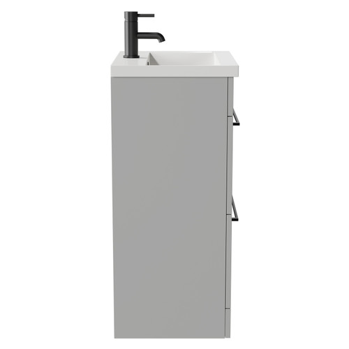 Napoli Gloss Grey Pearl 500mm Floor Standing Vanity Unit with 1 Tap Hole Basin and 2 Drawers with Matt Black Handles Side View